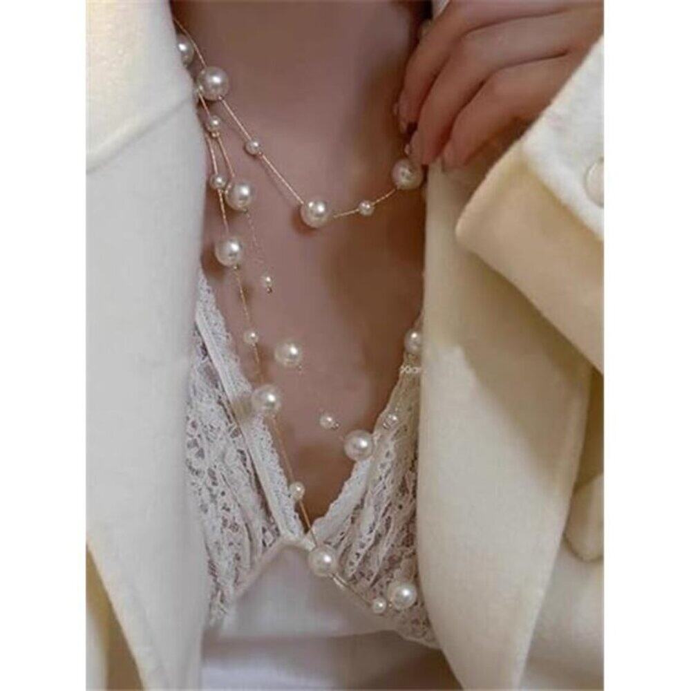 Long Lab Pearl Necklaces Three-Strand Long Chains Beads Necklaces & Earrings